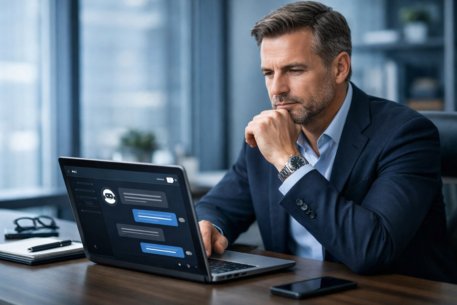 A leader using AI as a thinking partner on a laptop in a modern office setting.