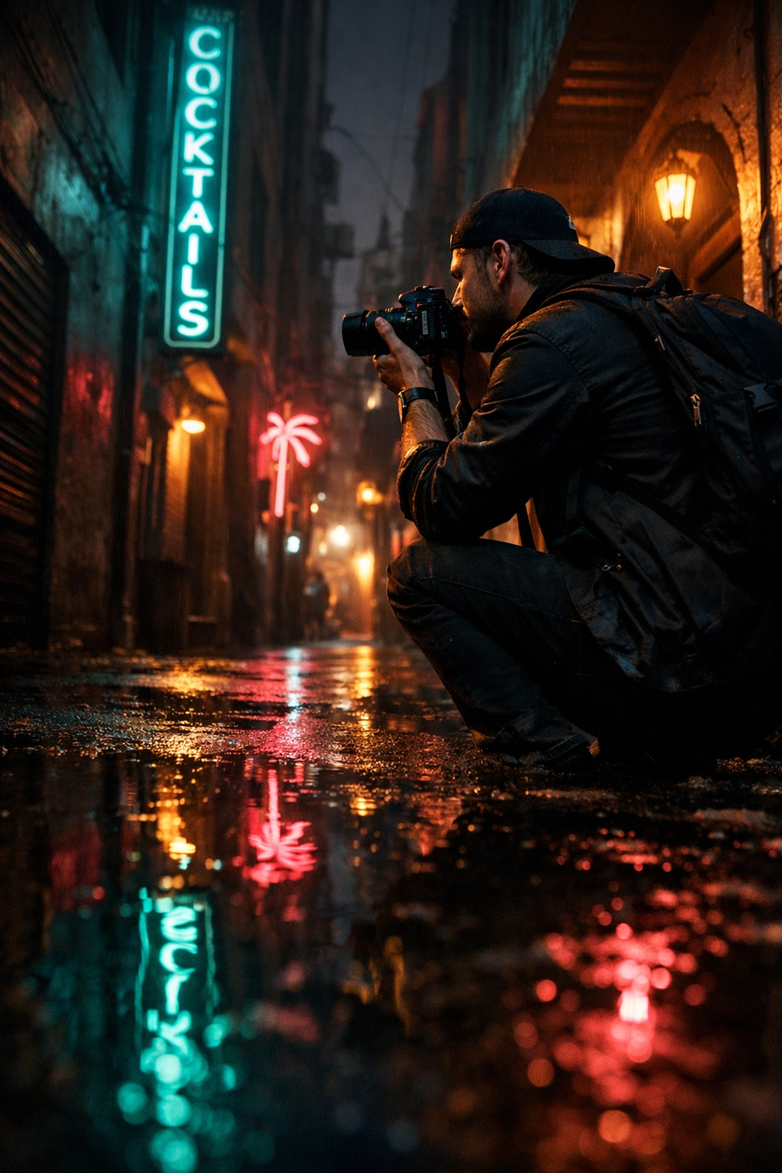 A photographer exploring unique photo spots near me in a neon-lit Miami alleyway at night.