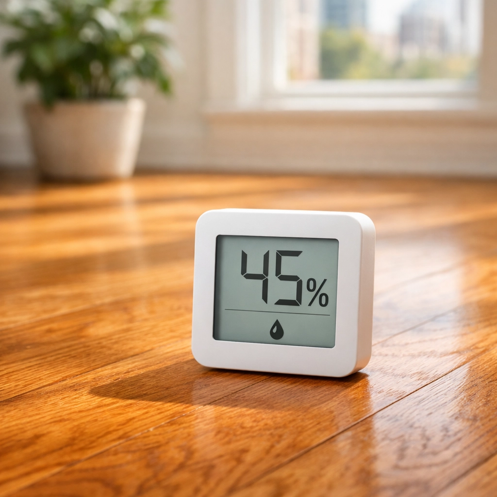 Humidity monitor on red oak hardwood floor in Chicago home