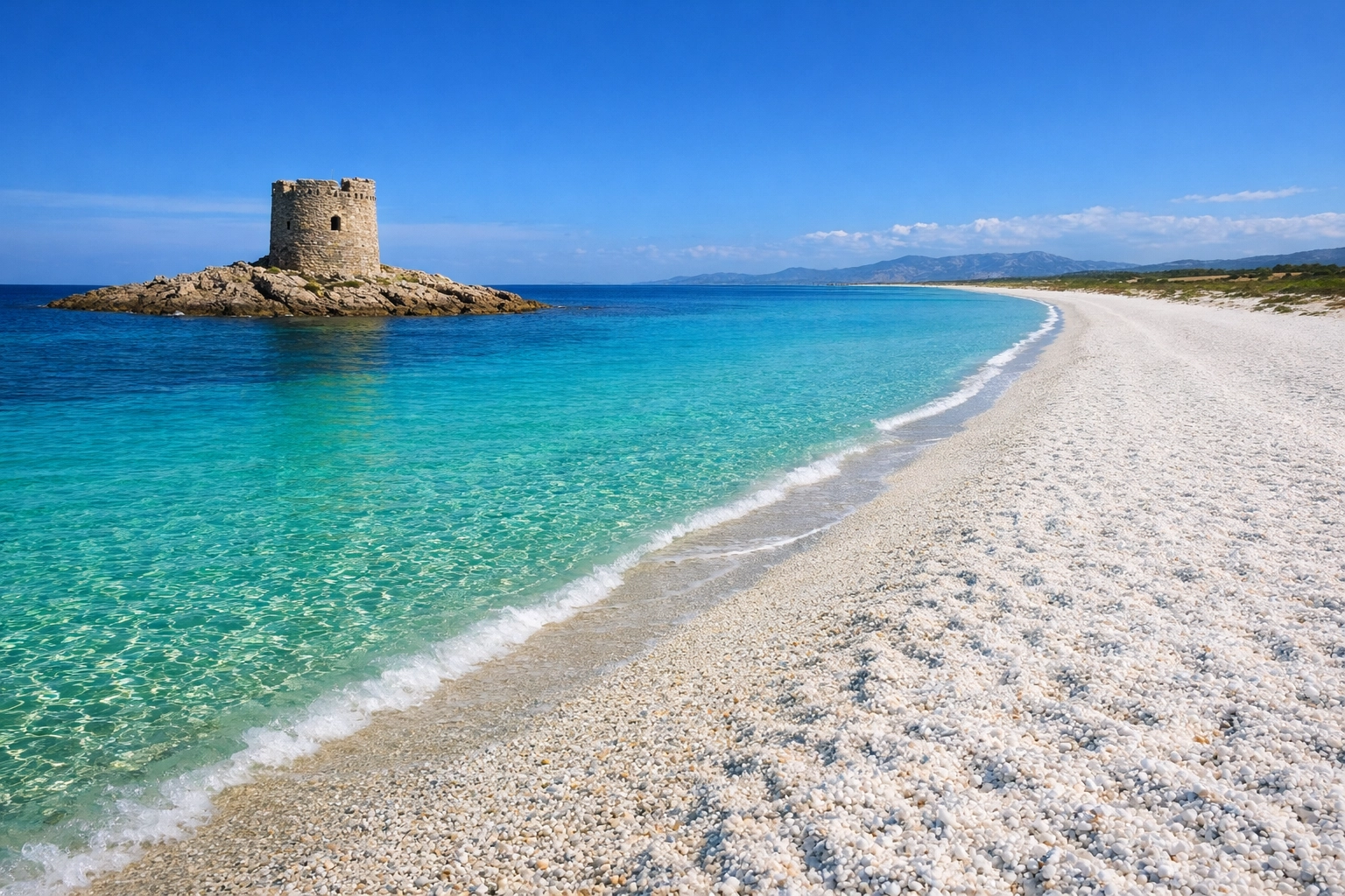 Le Saline Beach near Stintino with white quartz sand and Aragonese tower