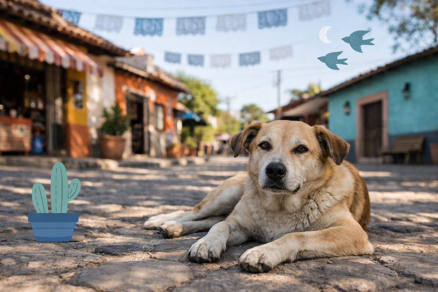 A healthy street dog resting in a Mexican village, benefiting from community-based TNR and global outreach programs.