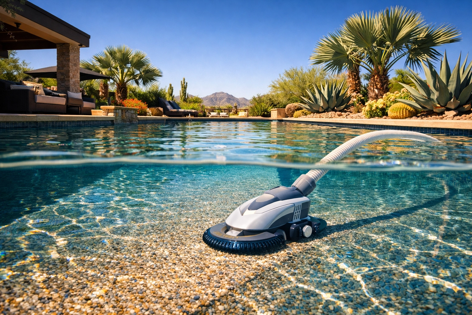 A clean Chandler Arizona swimming pool with a suction side cleaner moving across a pebble-tec surface.
