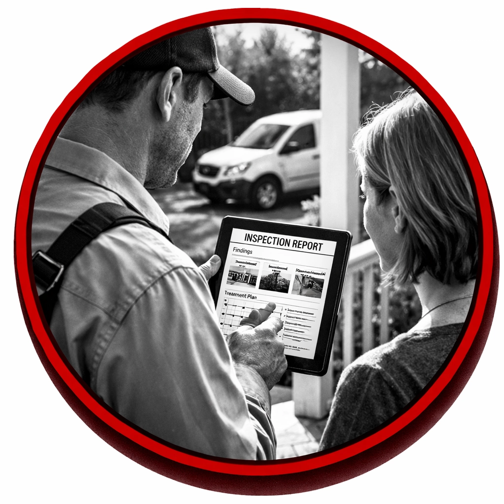 Executive Pest Solutions technician sharing a digital inspection report with a homeowner in Coolidge, AZ.