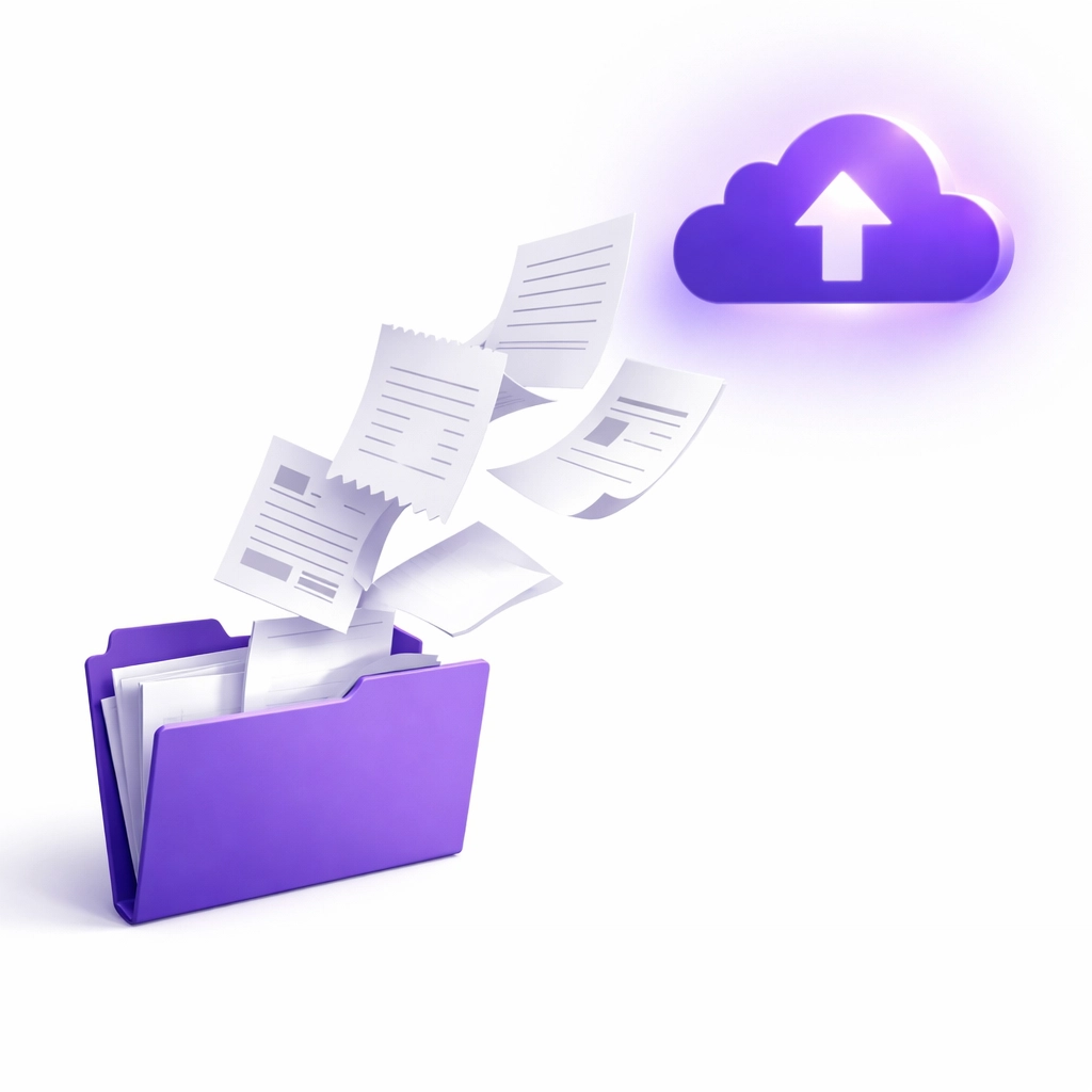 Financial documents and receipts transferring from folder to cloud backup storage