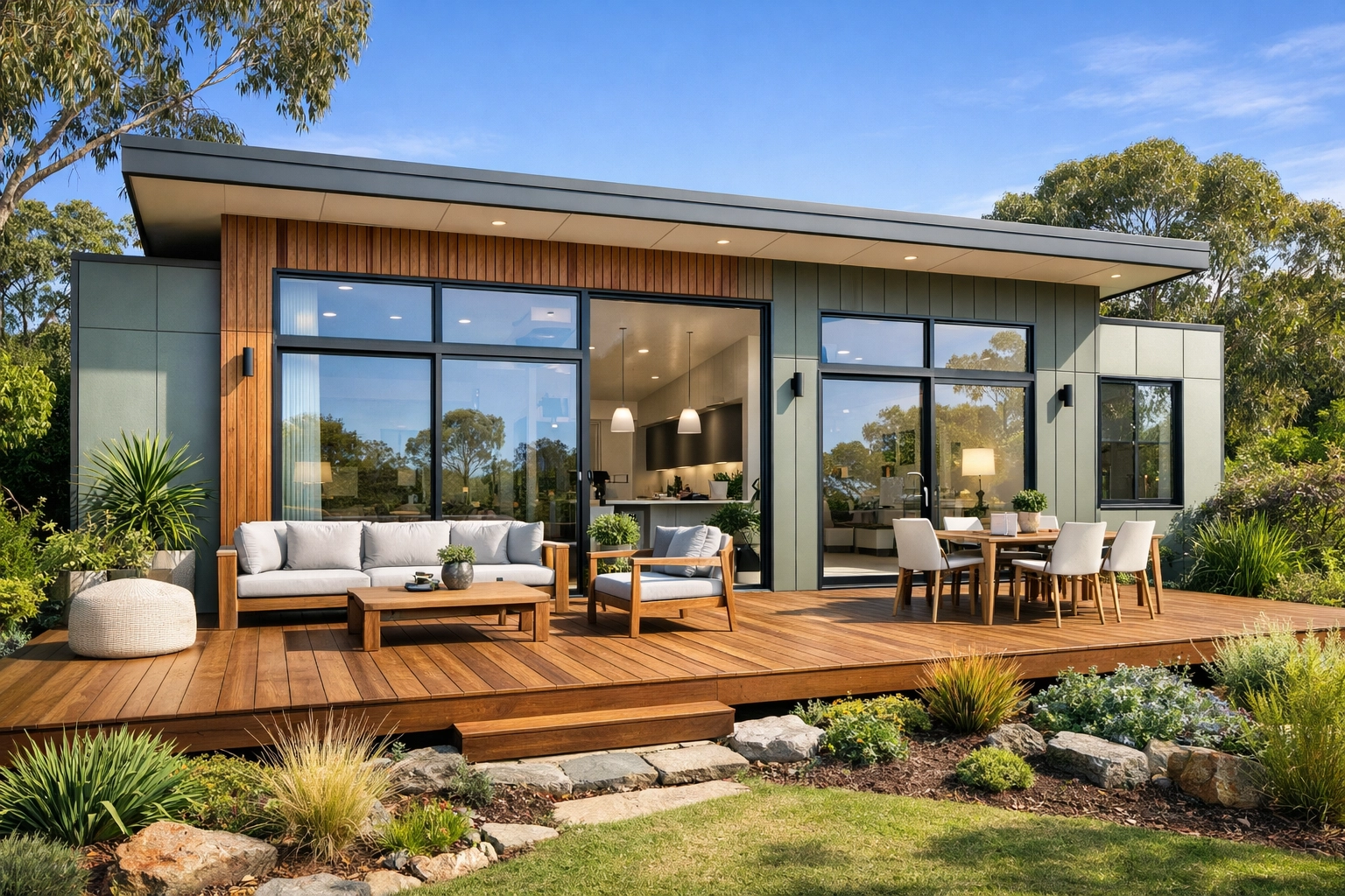 Completed eco-friendly modular house with timber deck and energy-efficient windows in a modern Australian garden.