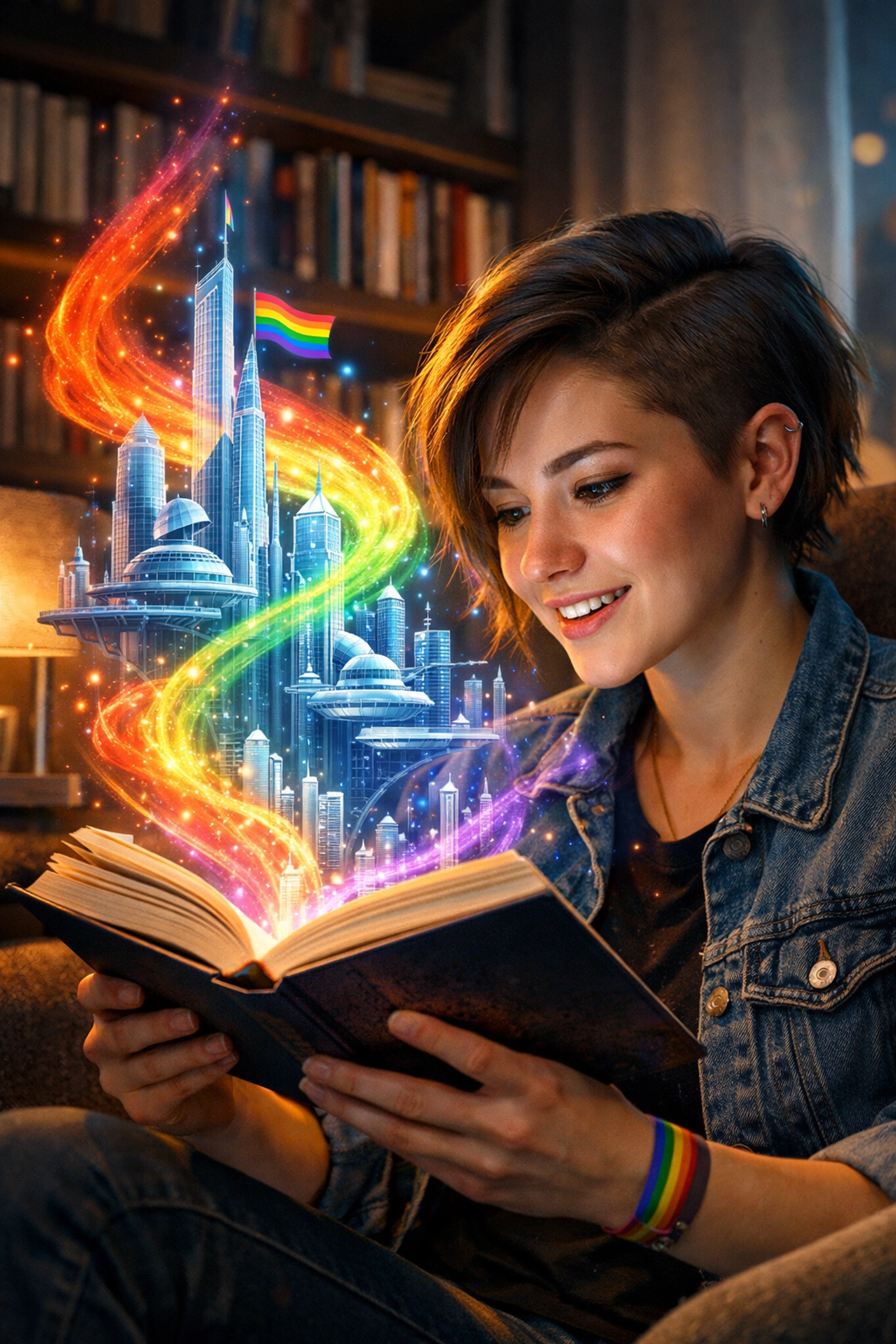 A woman reading an LGBTQ+ book that inspires visions of an inclusive and joyful queer future.