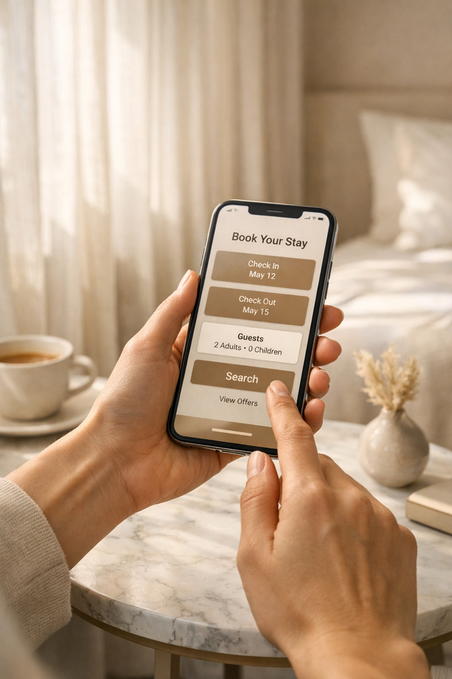 A guest using a mobile-optimized hotel booking engine on a smartphone in a modern suite.