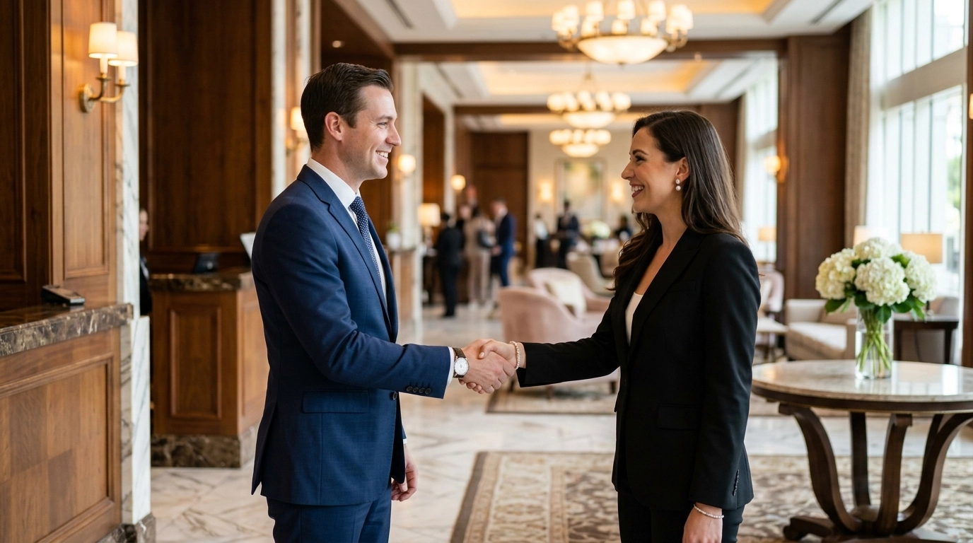 Two professionals shaking hands in a high-end hotel lobby, symbolizing hospitality recruitment success and career growth, inspired by Marriott, Hilton, or Radisson, with no visible text or logos.