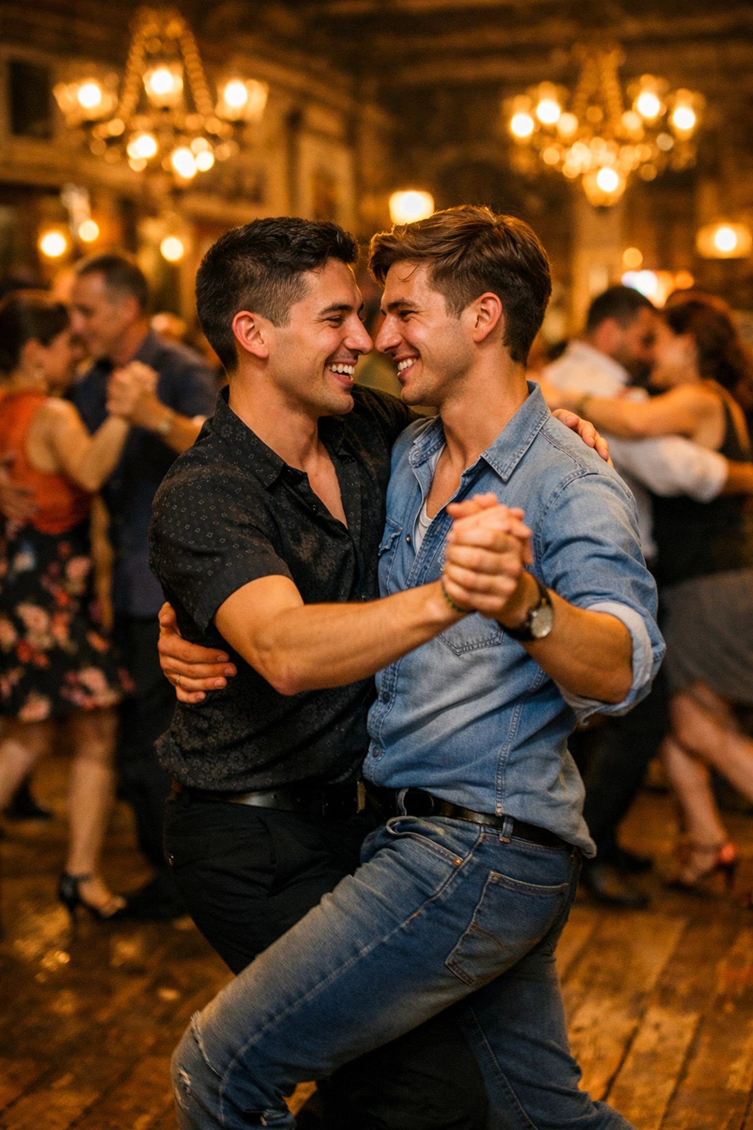 Gay couple dancing tango publicly in San Telmo Buenos Aires after coming out