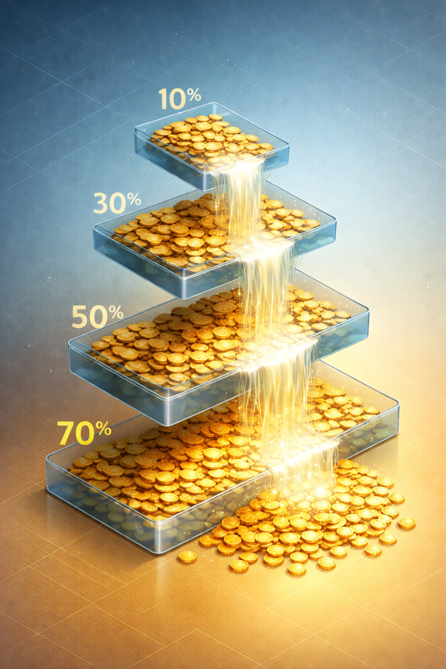 Illustration of golden coins cascading through profit tiers, visualizing syndication return structures for investors.