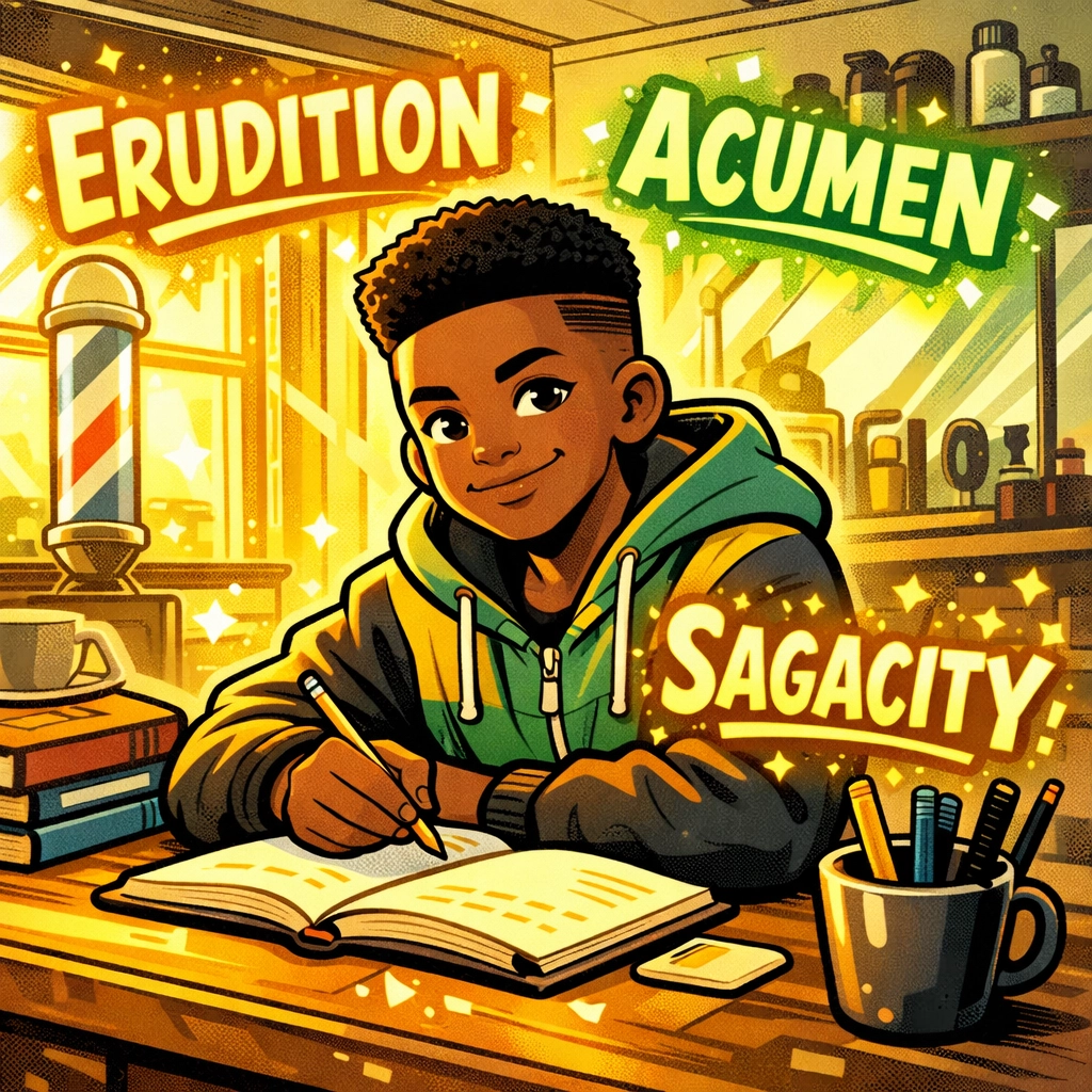 Young man learning character-building vocabulary words in St. Petersburg barbershop setting