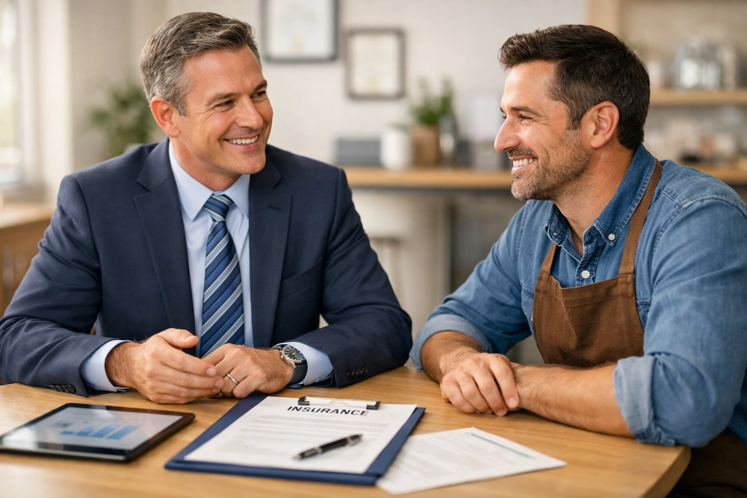 Local insurance agent consulting with small business owner about coverage options