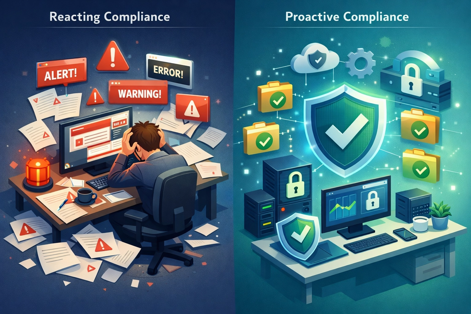 Comparison of reactive compliance chaos versus proactive security infrastructure