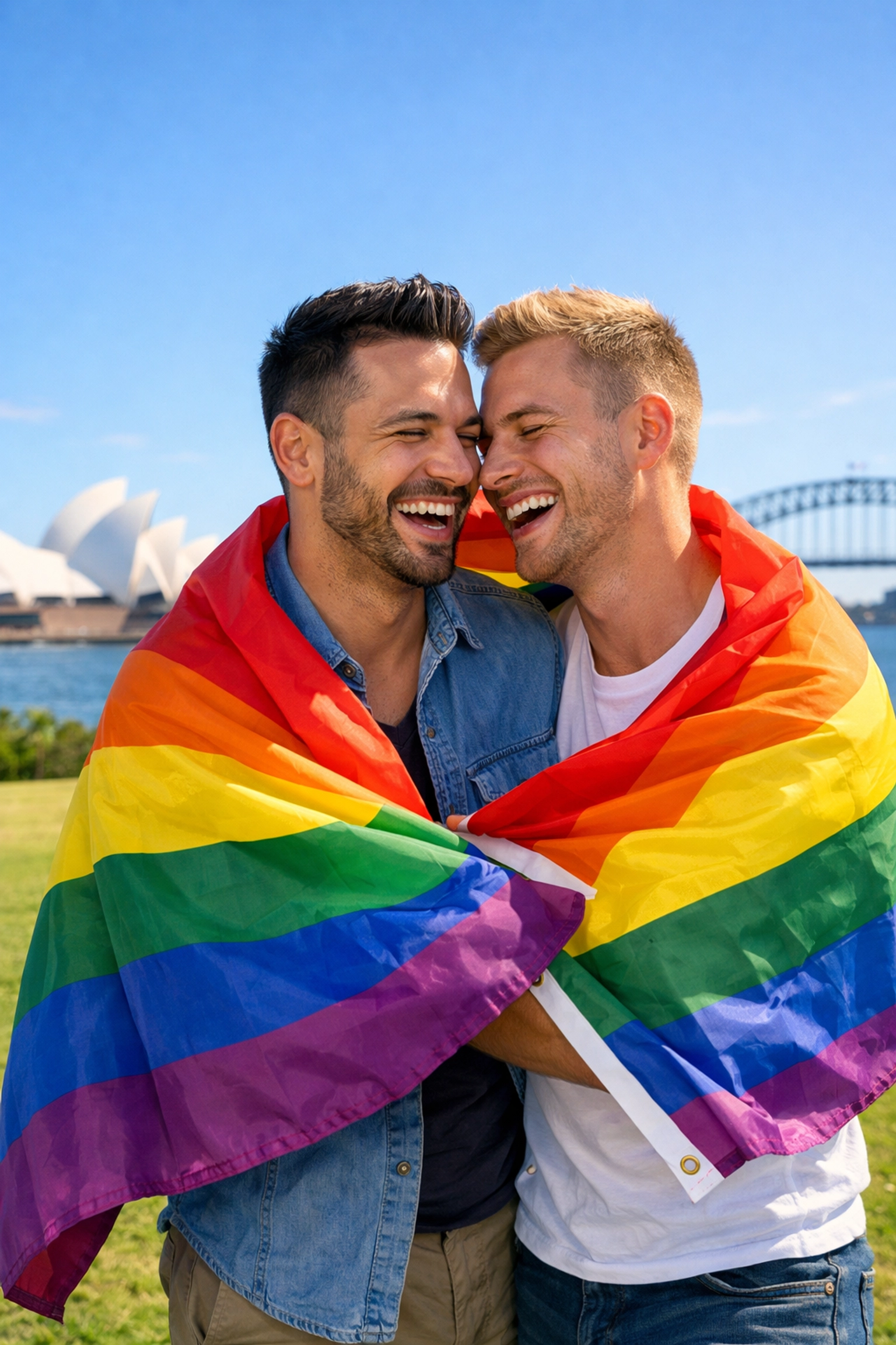 A joyful gay couple with a rainbow flag in a Sydney park, celebrating the modern legacy of the first Mardi Gras.