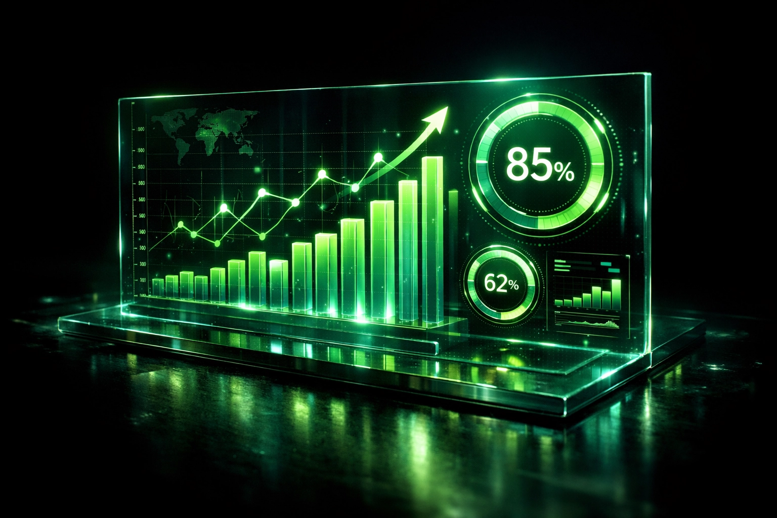 Digital dashboard showing emerald growth charts and performance metrics for AI support.