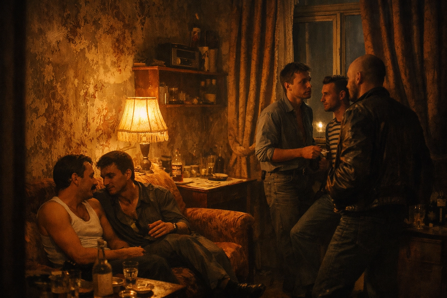 Gay men gather secretly at an underground tematika party in 1980s Soviet Leningrad apartment