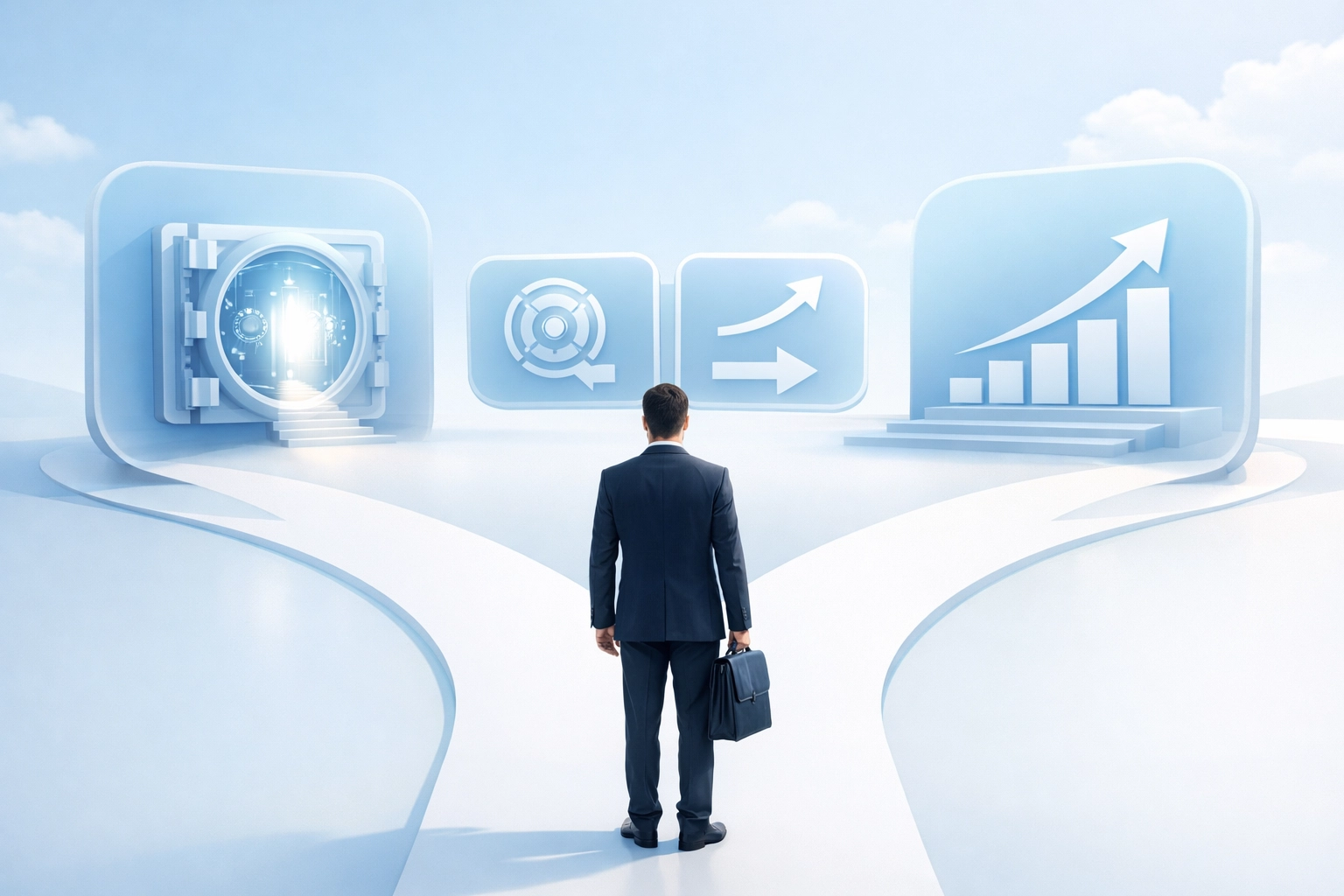 Professional at a crossroads choosing between different 401k rollover options for a secure future.