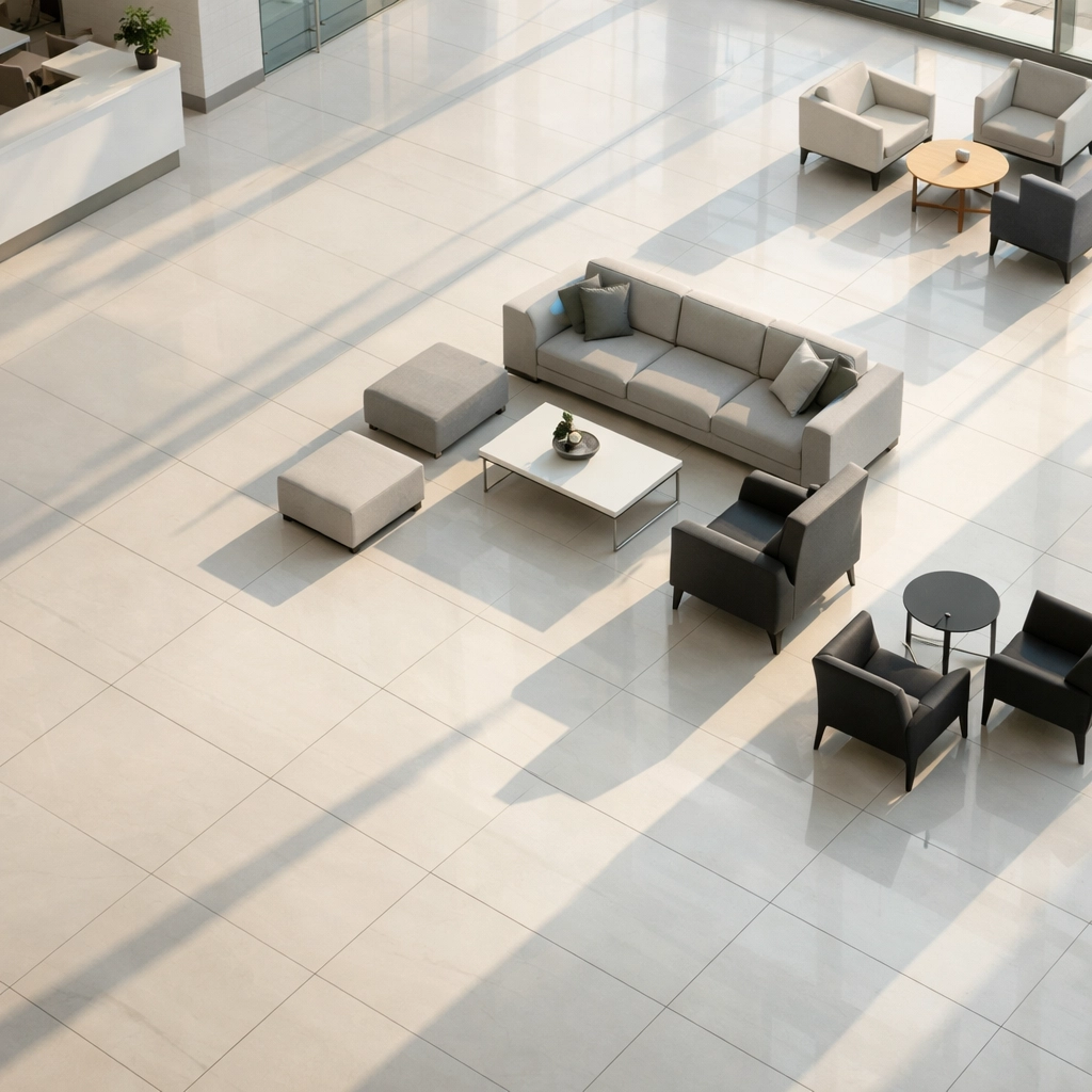 Vast modern corporate lobby with gleaming tile floors showing professional cleaning standards for a nationwide portfolio.
