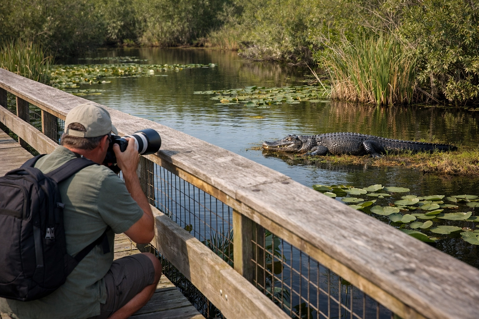 Photographer on the Anhinga Trail safely capturing an alligator for their Everglades photography guide.