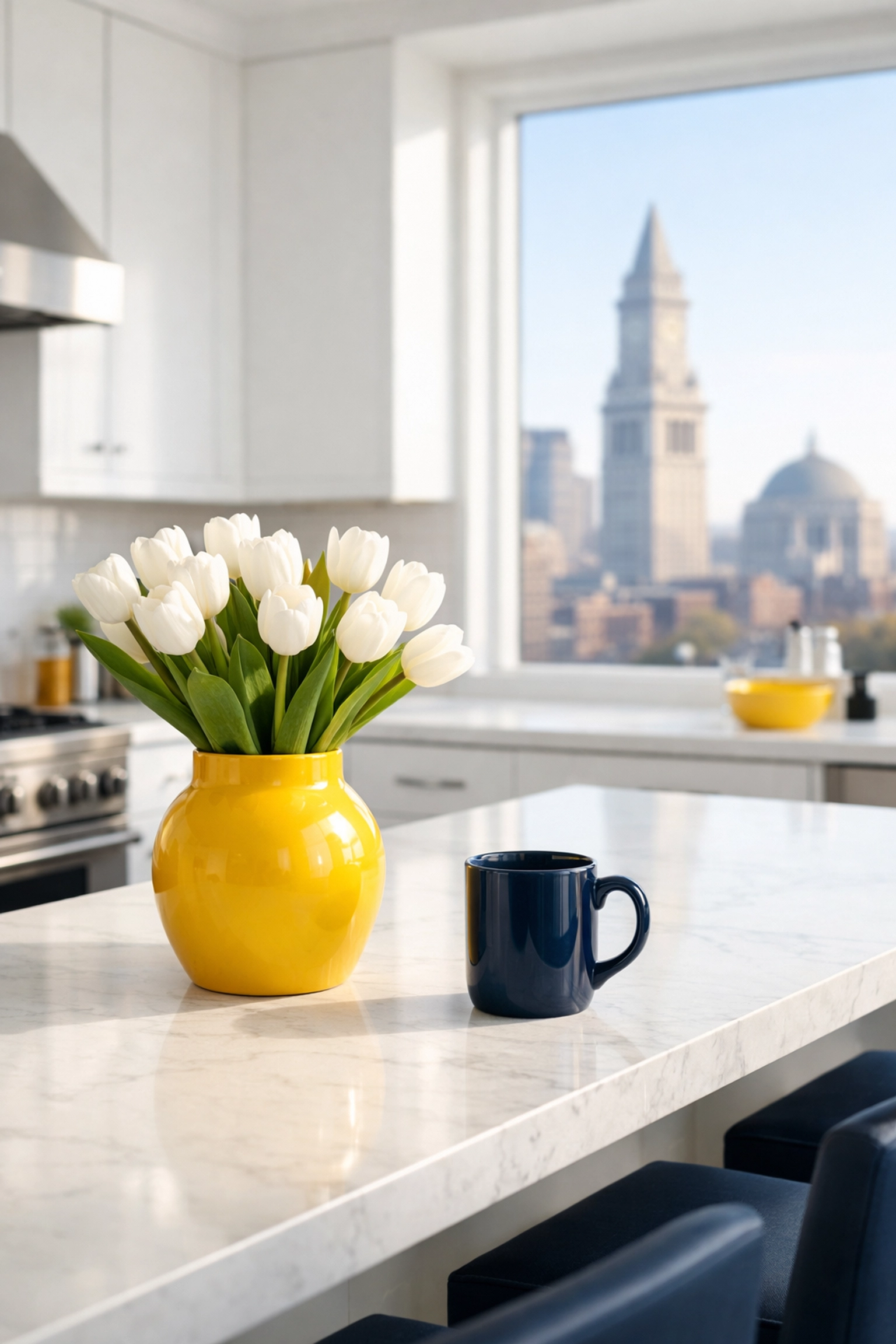 Sunlit Boston kitchen marble island showing the results of a daily Apartment Cleaning Boston routine.