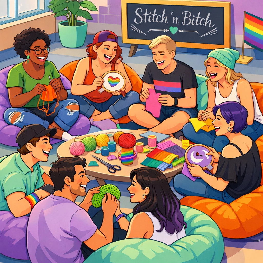 LGBTQ+ friends laughing in a queer crafting circle, showcasing the power of community building and hobbies.