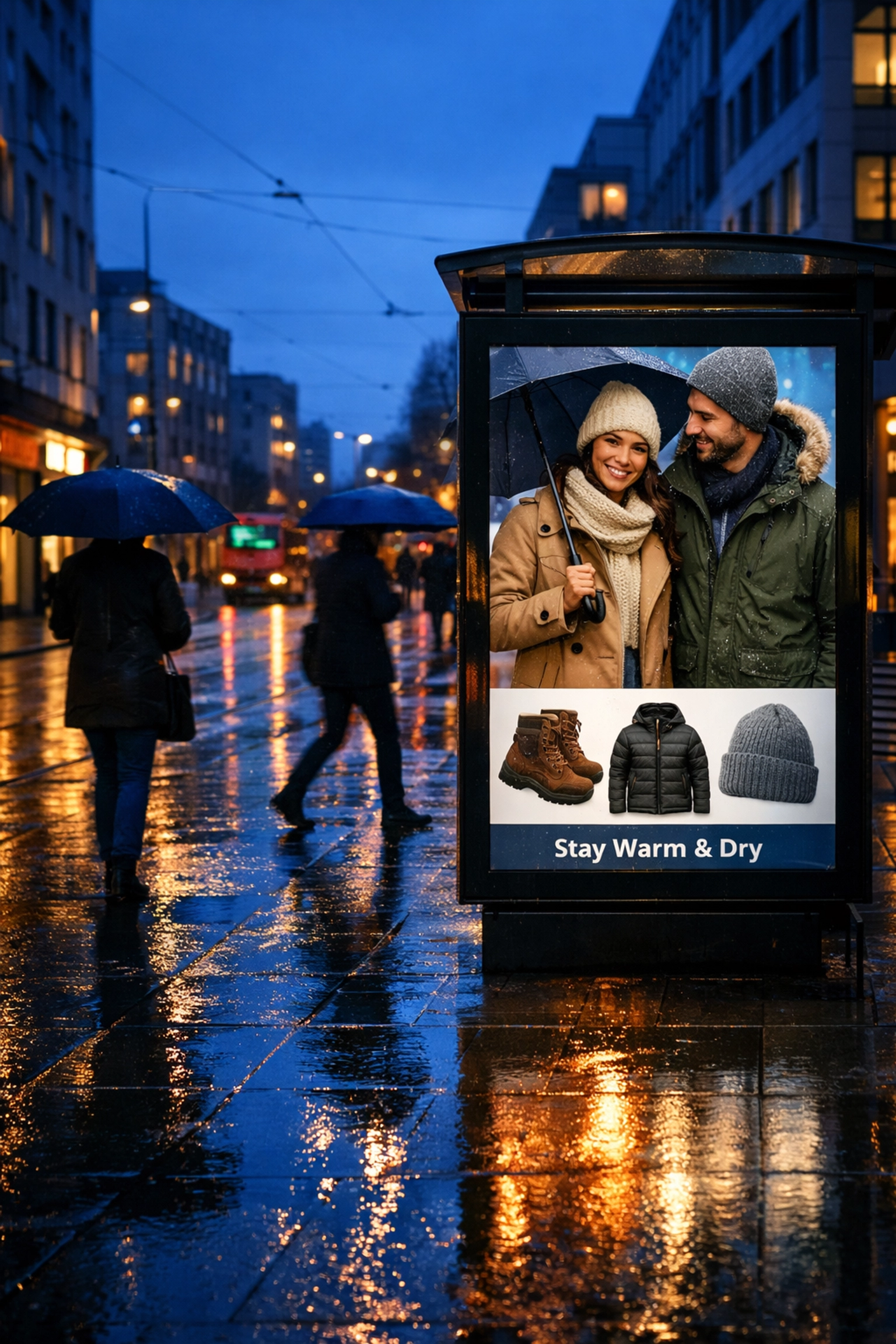 Digital transit shelter display featuring weather-triggered advertising in a rainy urban environment.
