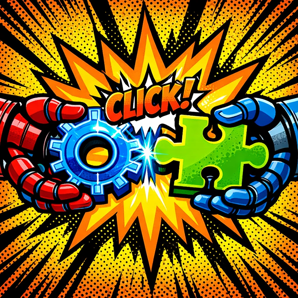 Mechanical hands snapping a gear and puzzle piece together representing AI business automation integration.