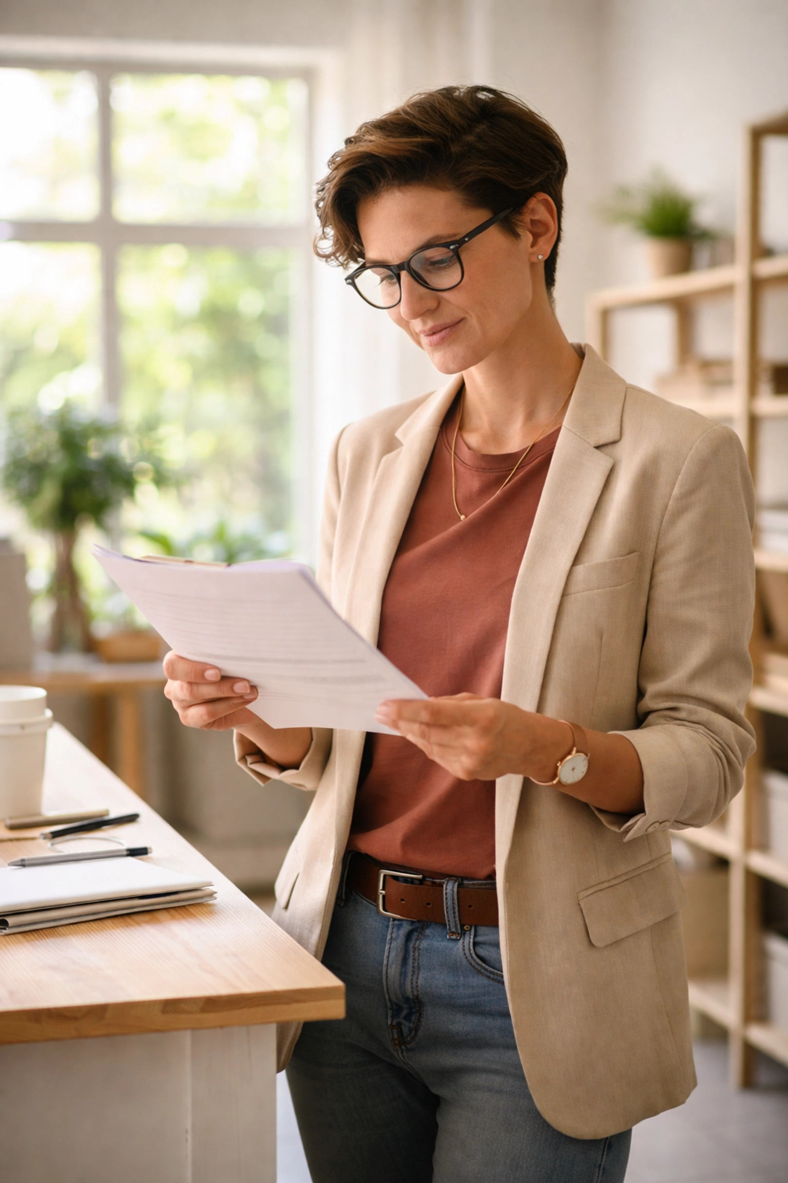 Small business owner reviewing paperwork in a modern office, considering best business structure options