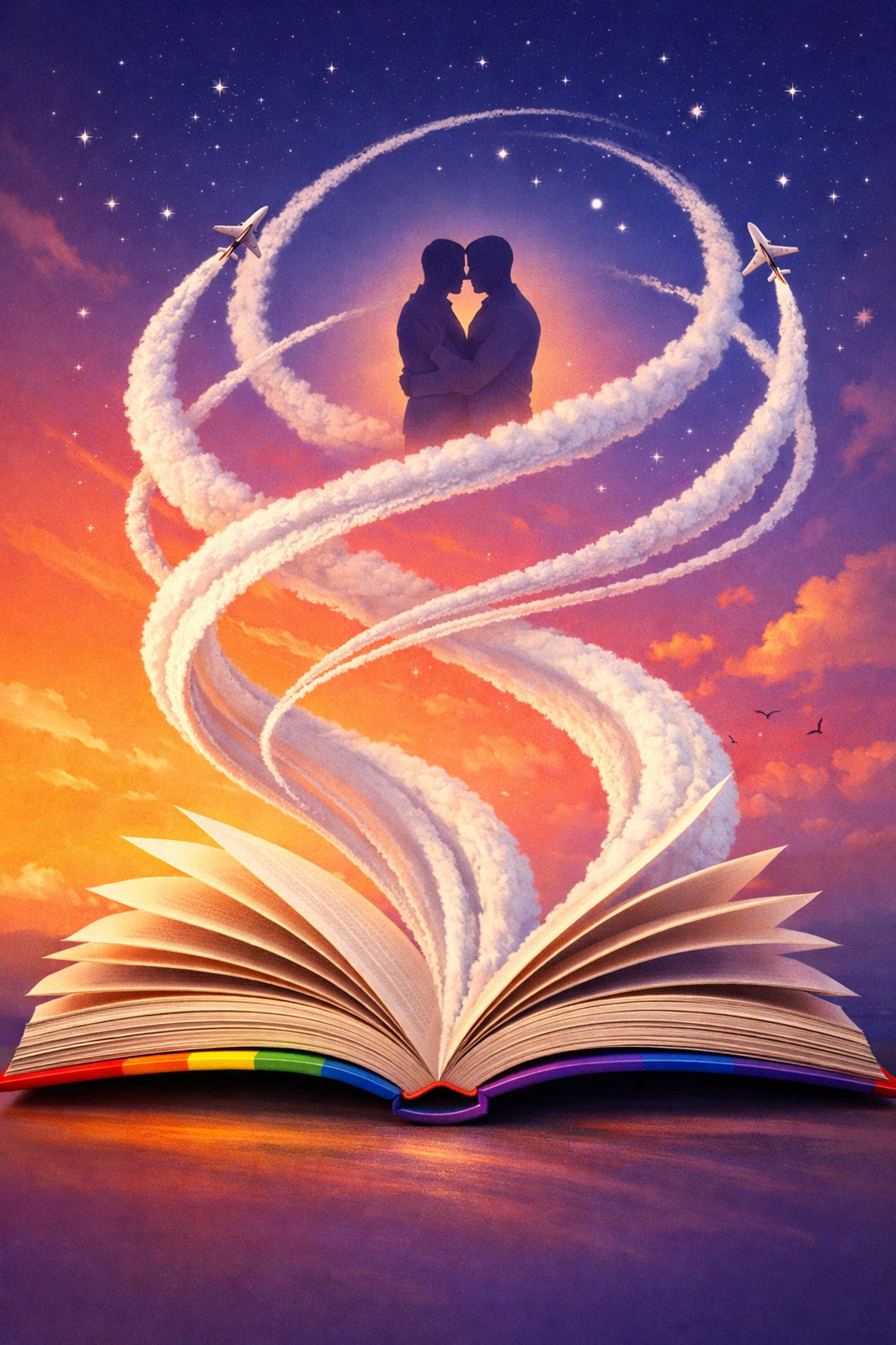 MM romance book pages transforming into airplane contrails with gay couple silhouette