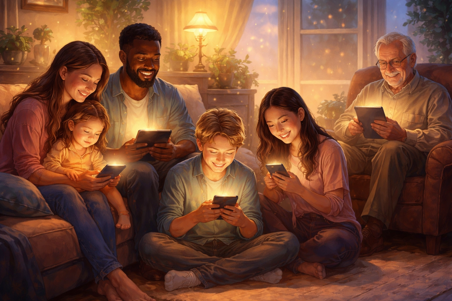 A diverse group in a cozy living room uses smartphones and tablets, illustrating digital church community and connection.