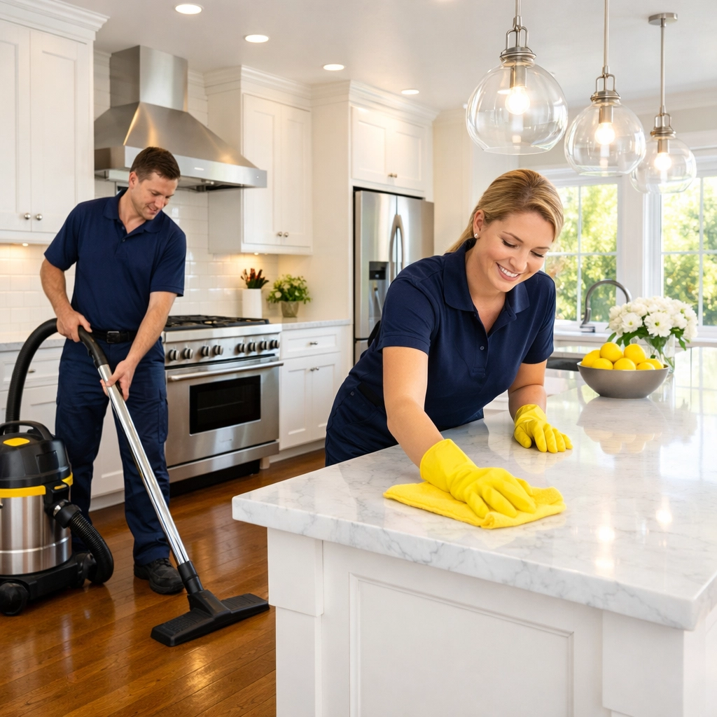 Professional team providing house cleaning Pepperell MA with high-quality supplies and deep cleaning tools.