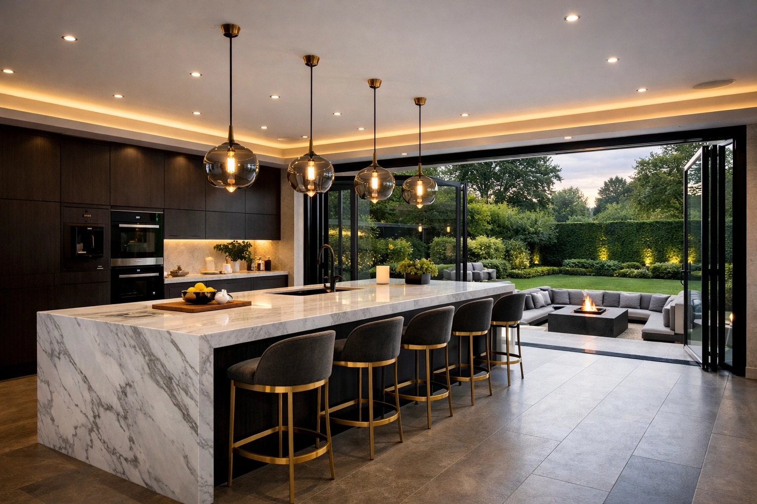 High-end house extension in North London featuring a modern kitchen and garden view.