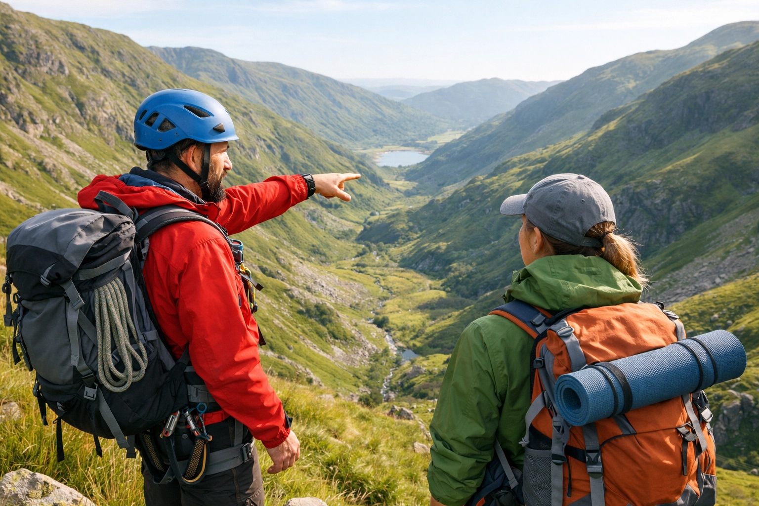 Professional mountain guide leading a scenic guided walk in the Lake District for hikers.