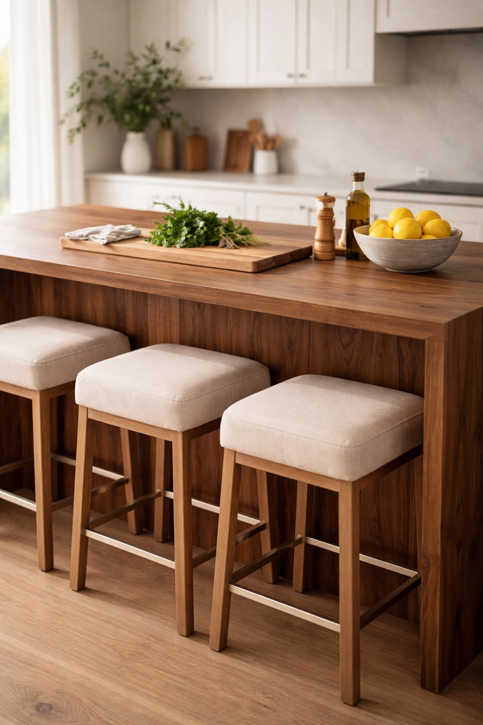 Spacious walnut kitchen island with integrated seating and natural light in a Derby kitchen