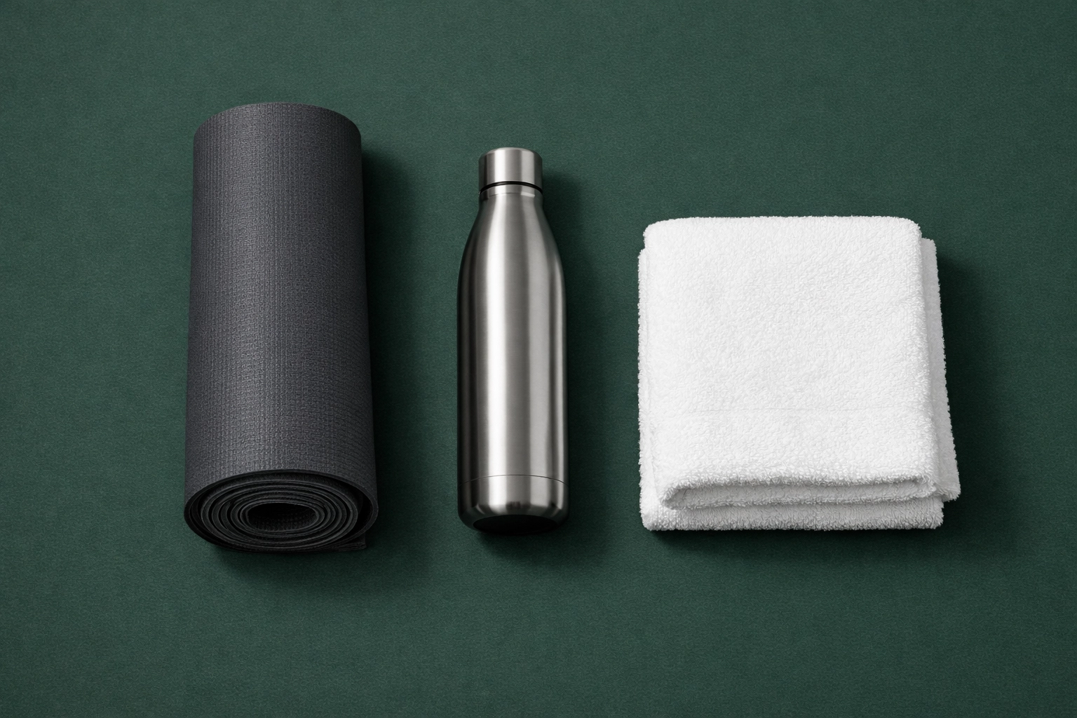 Fitness recovery essentials including a yoga mat and water bottle for post-workout hydration.