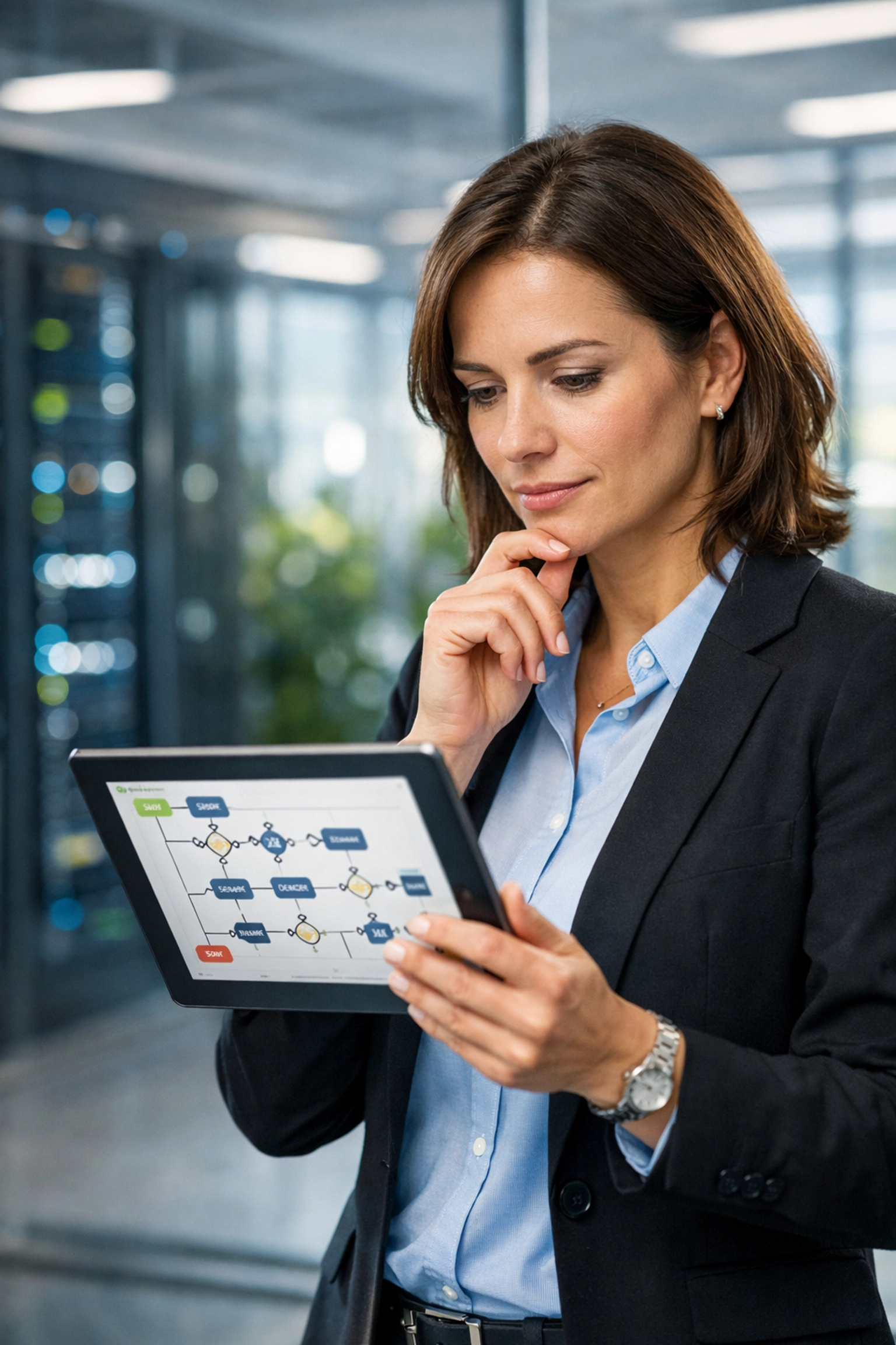 IT manager reviewing an automated workflow diagram to improve ServiceNow ITOM platform health.