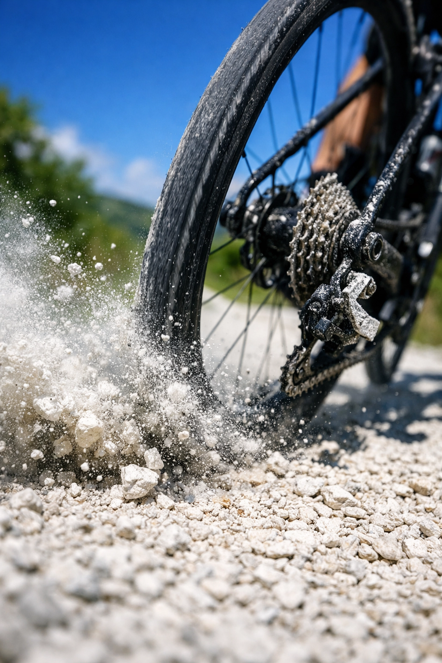 Close-up of a road bike tire kicking up white limestone dust on a Strade Bianche gravel road.