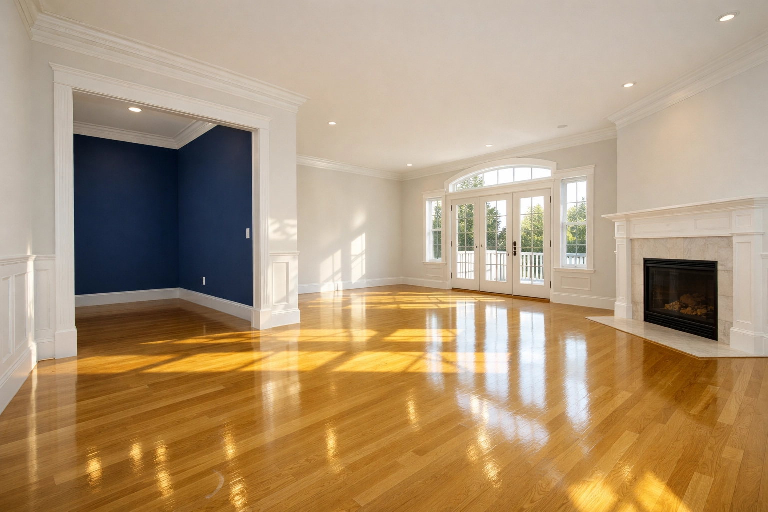 Clean empty living room with polished floors following a successful Massachusetts move-out cleaning.