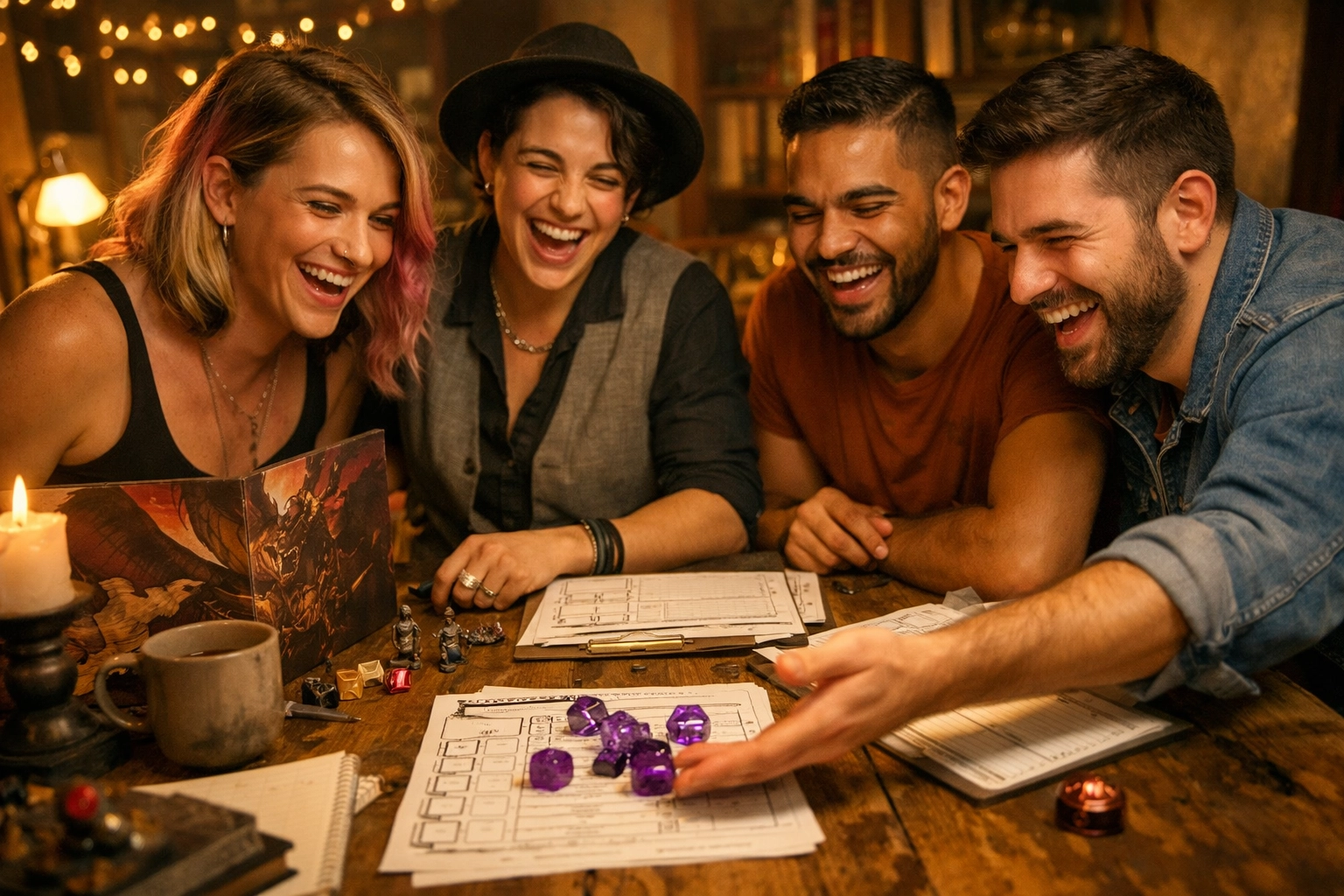 Diverse LGBTQ+ friends playing tabletop RPGs, building found family through queer hobbies.