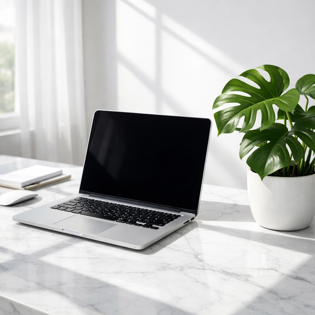 Professional laptop workspace on a desk used by a web development company to manage local SEO rankings.