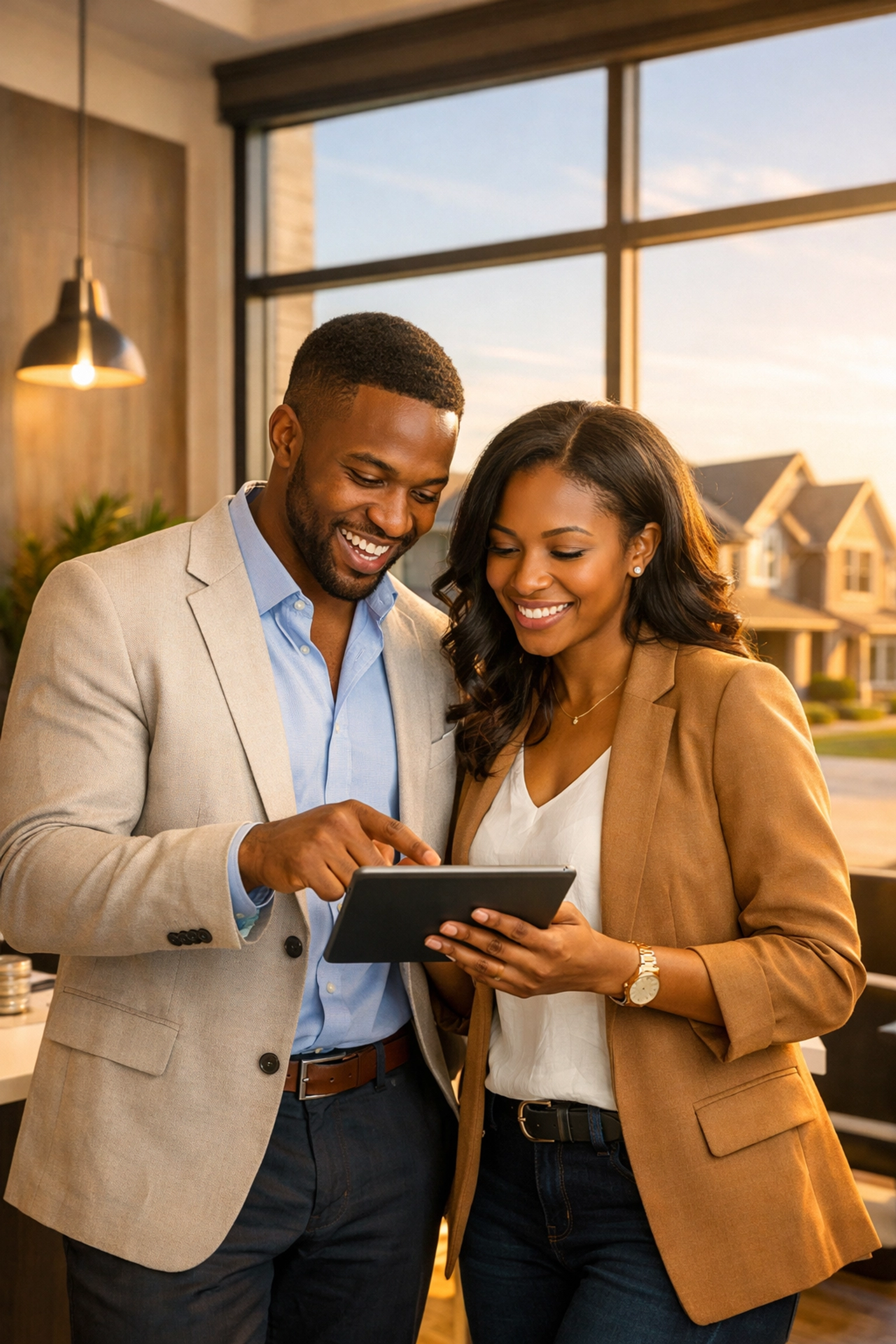 African American couple reviewing investment data for DFW new construction homes in a modern office.