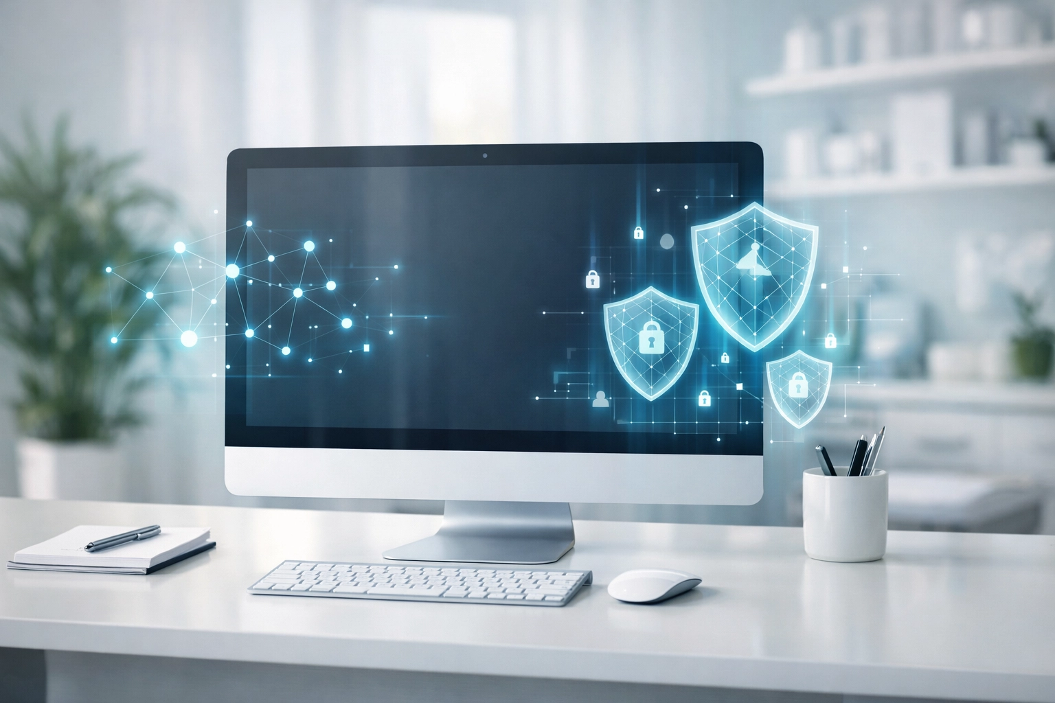 Secure private practice workstation with AI security layers protecting against ransomware and cyber threats.