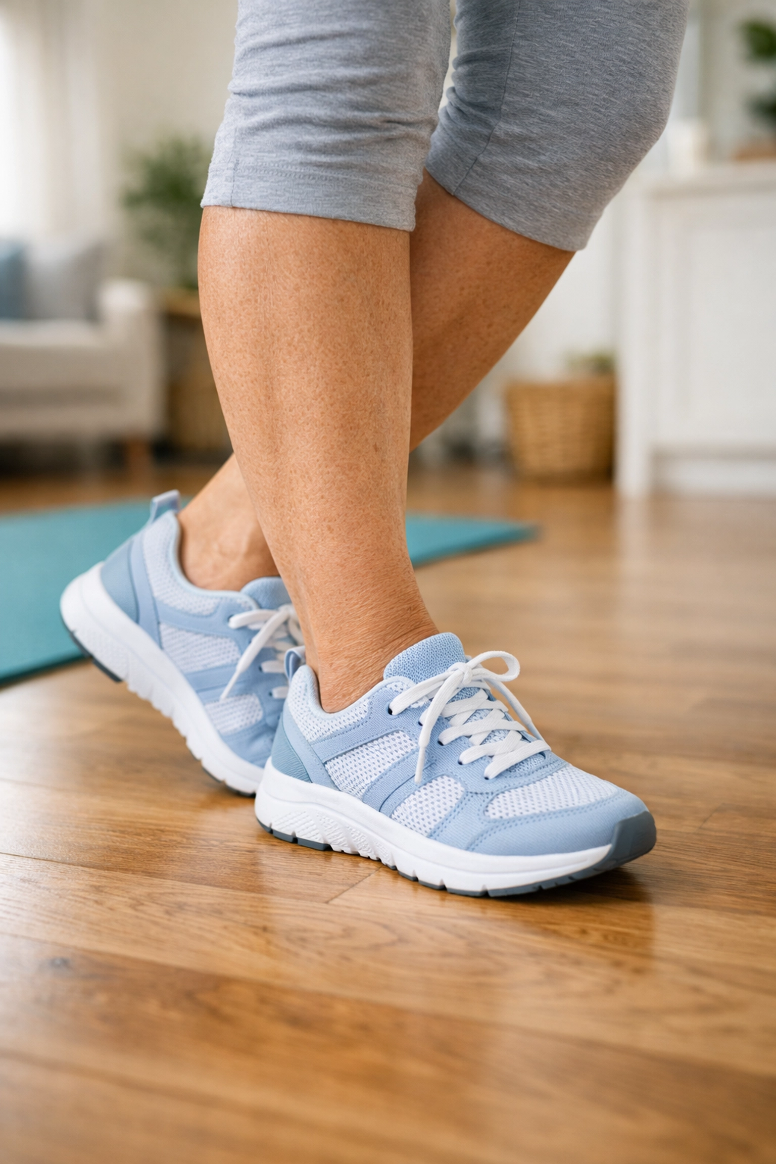 Senior feet in semi-tandem stance position for balance assessment