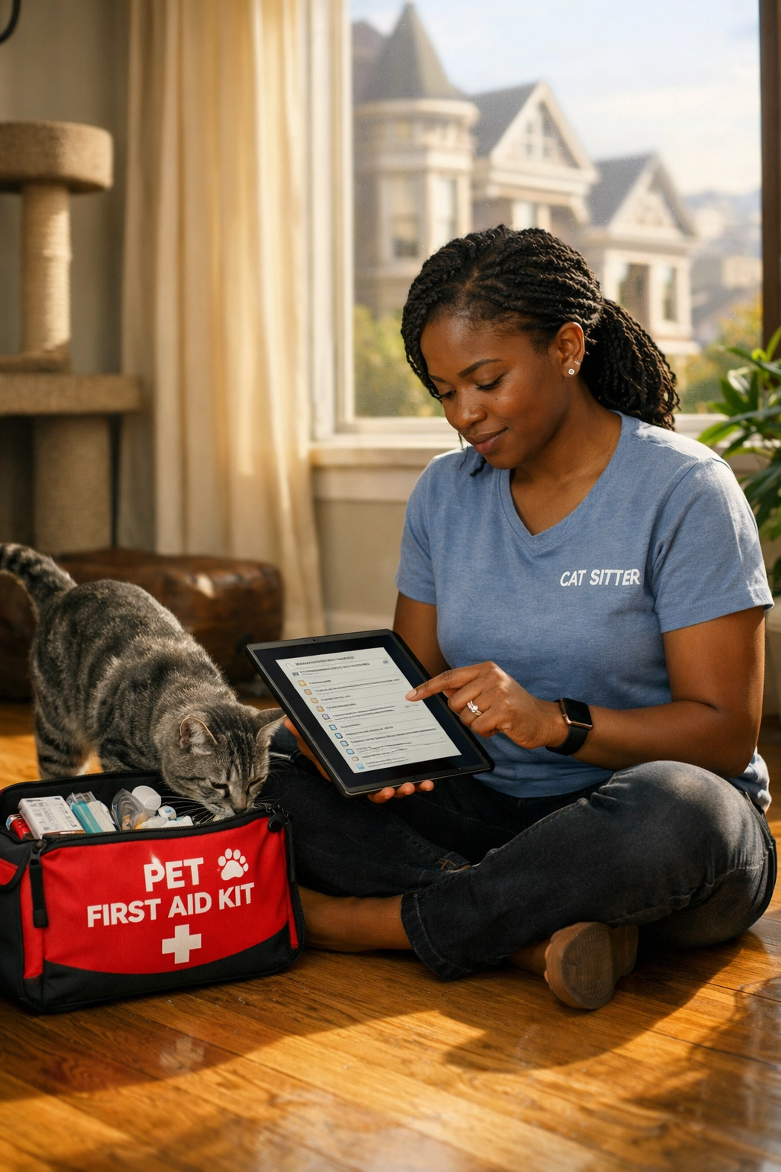 Professional San Francisco cat sitter reviewing a pet care checklist next to a cat and first aid kit.