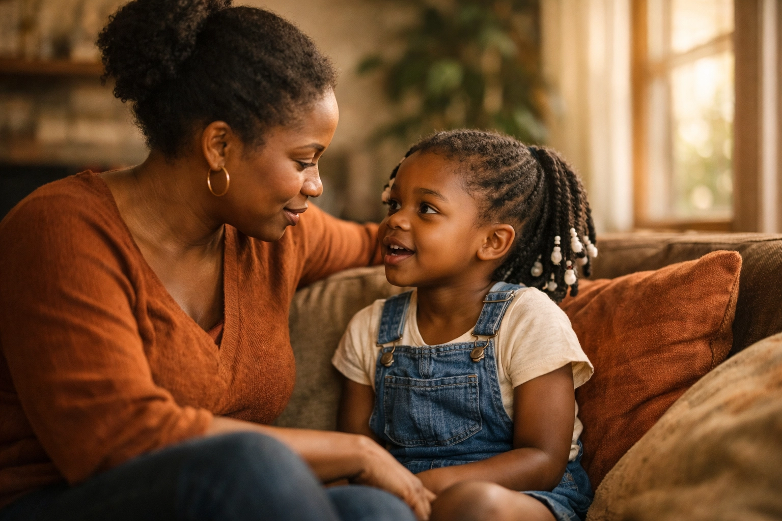 Black mother and daughter having meaningful conversation about colorism and family healing