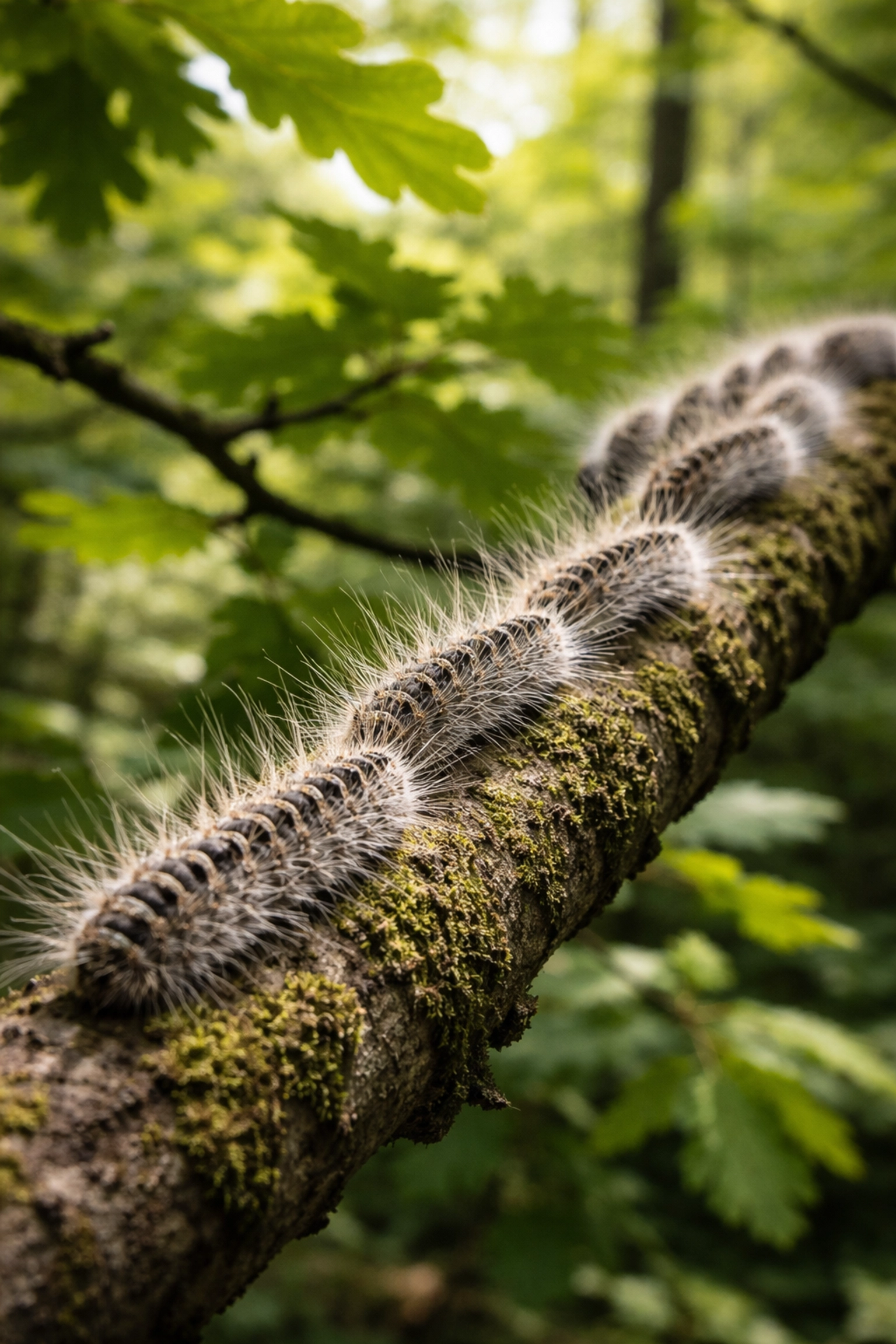 Close-up of Oak Processionary Moth caterpillars in procession on an oak branch, showing grey bodies and fine hairs in UK woodland.