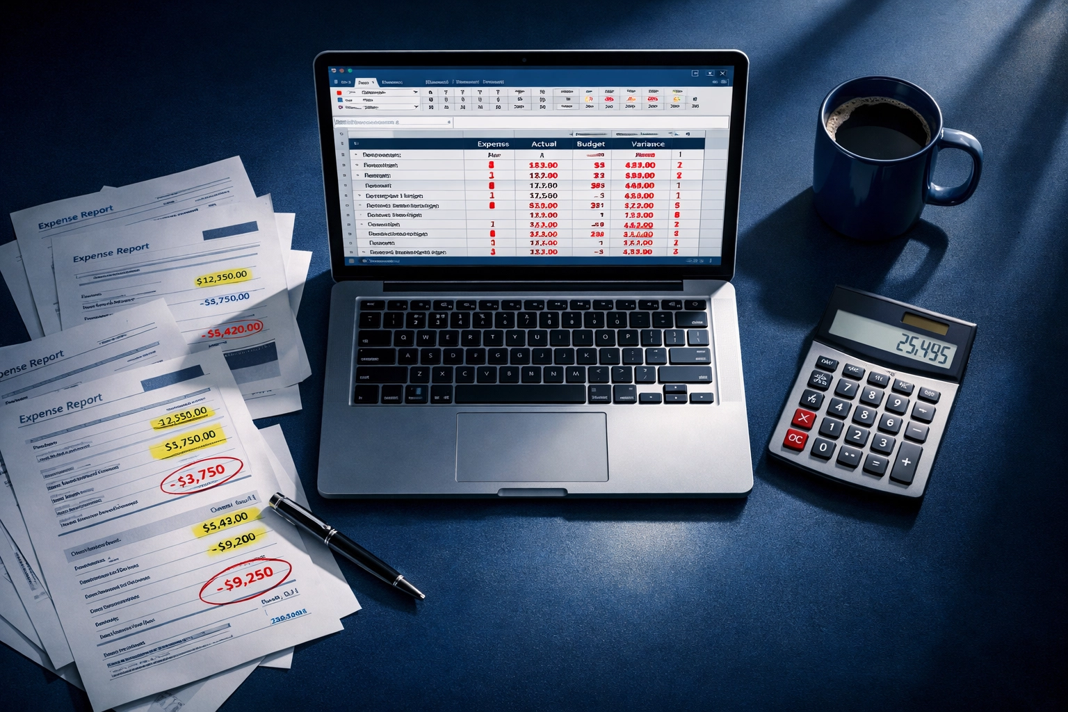 Employer benefits budget analysis with financial reports and cost tracking spreadsheets on office desk