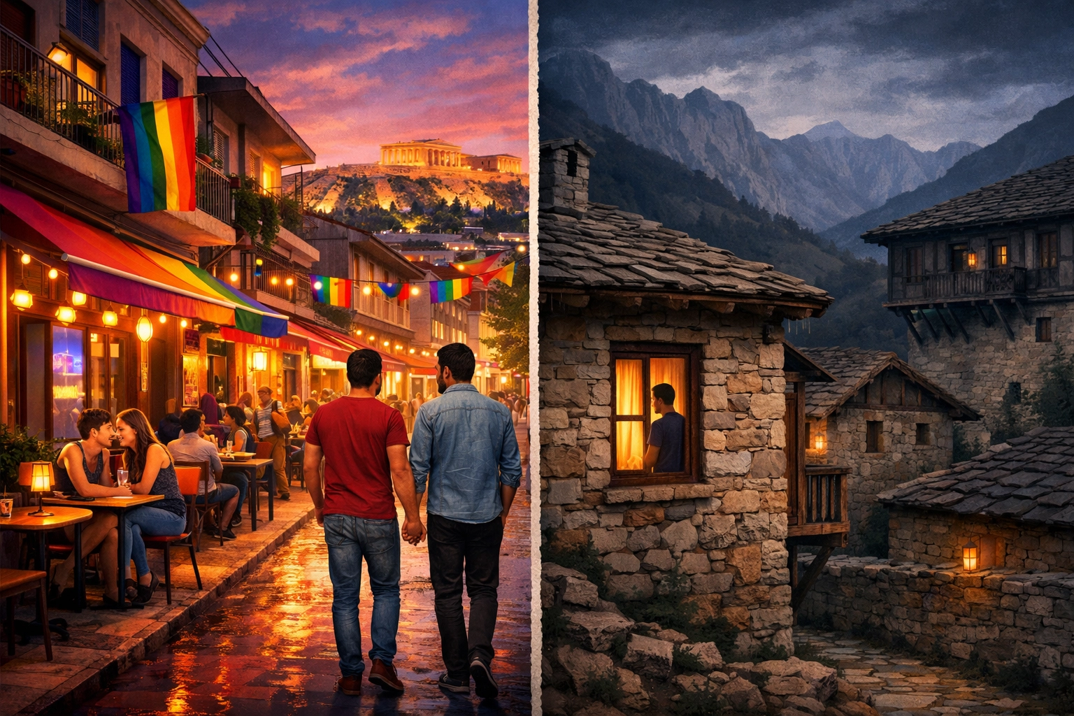 Urban Athens gay scene contrasted with rural Albanian village life for LGBTQ+ community