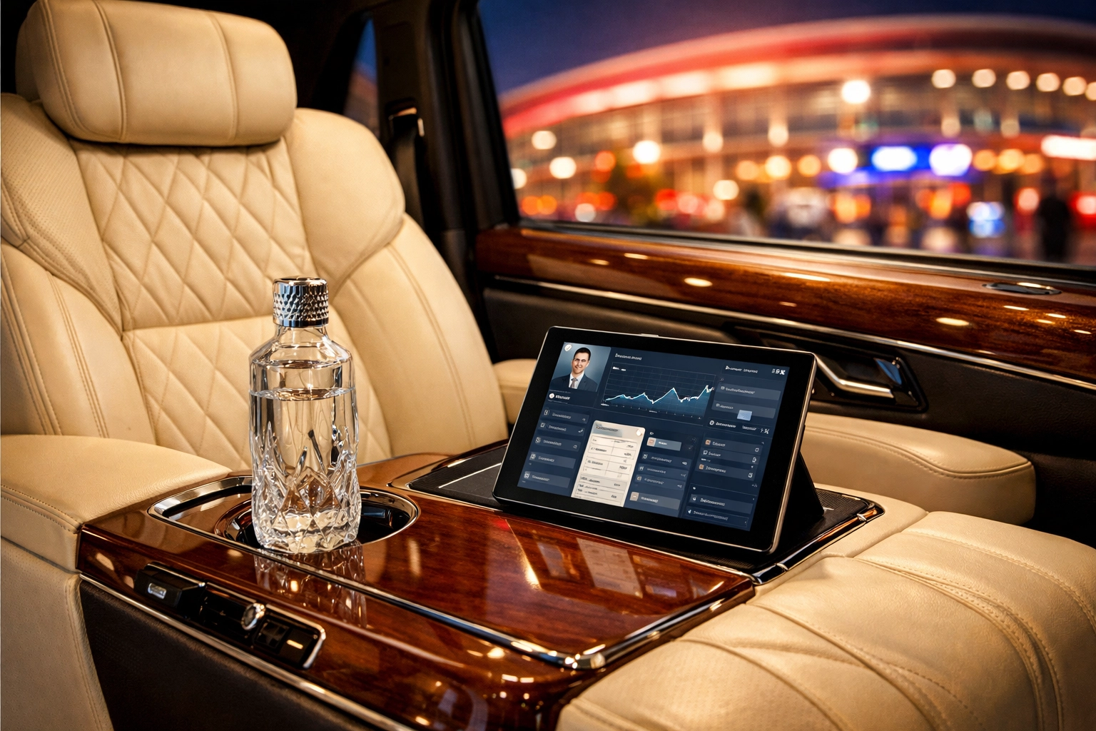 Luxury executive SUV interior featuring premium leather seats for comfortable Super Bowl corporate transport.