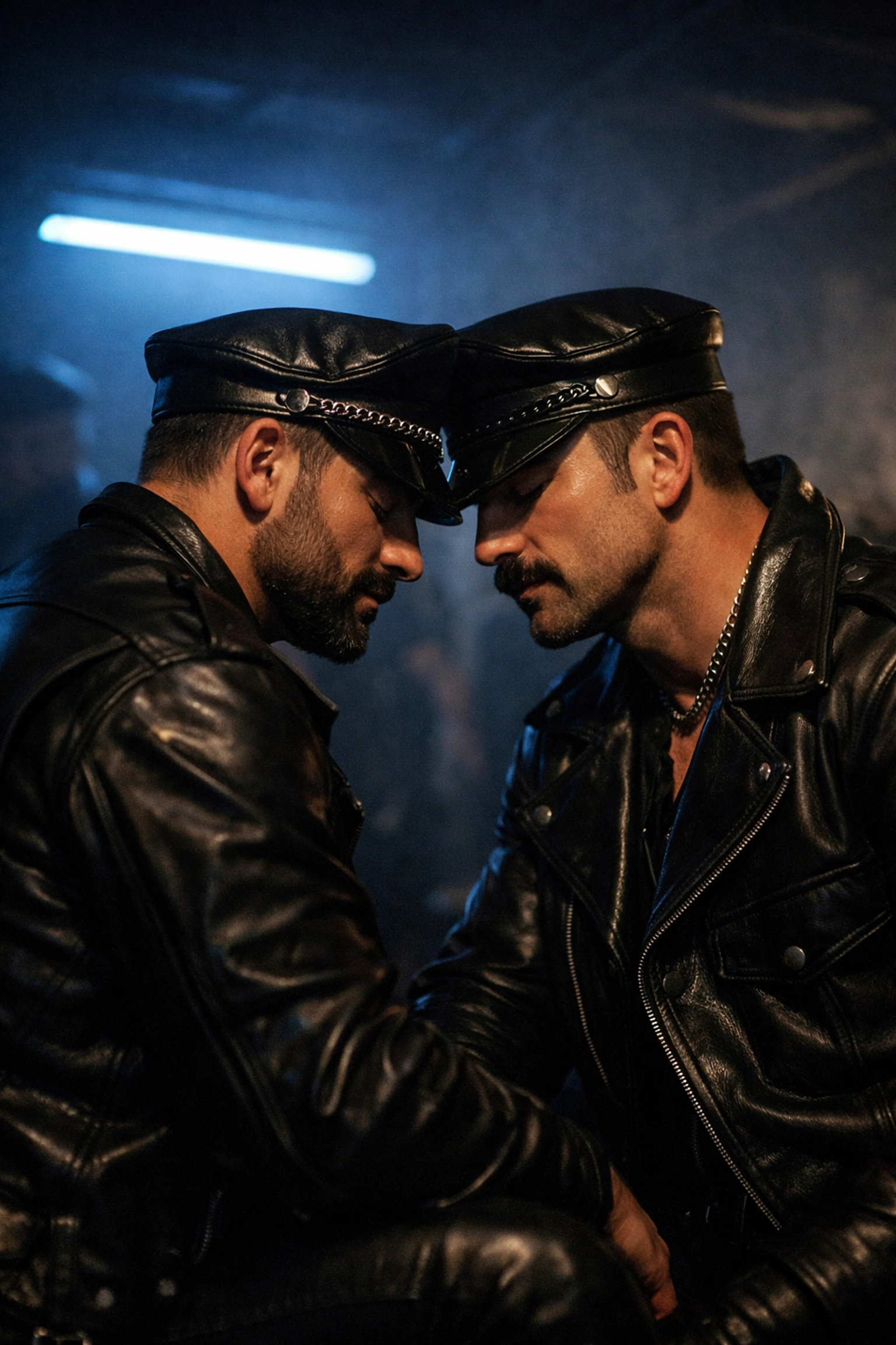 Two gay men in leather gear in a 1970s setting, representing the visual history of the leather subculture.